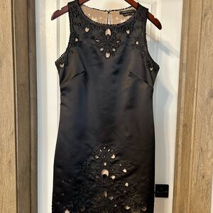 BCBGMaxAzria Black and Cream Satin Embroidered Dress